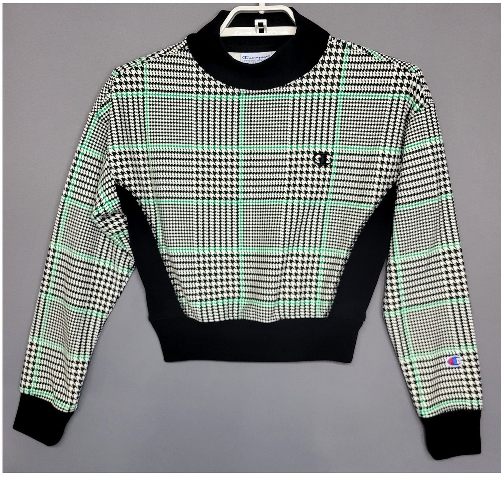 Champion Sweatshirt Crop Reverse Weave Houndstooth Plaid Women XS Black Green